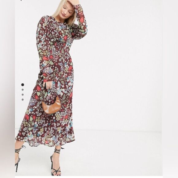ASOS Design Brown Maxi Dress w/ Puff Sleeves in Vintage Floral Pattern - Picture 1 of 10